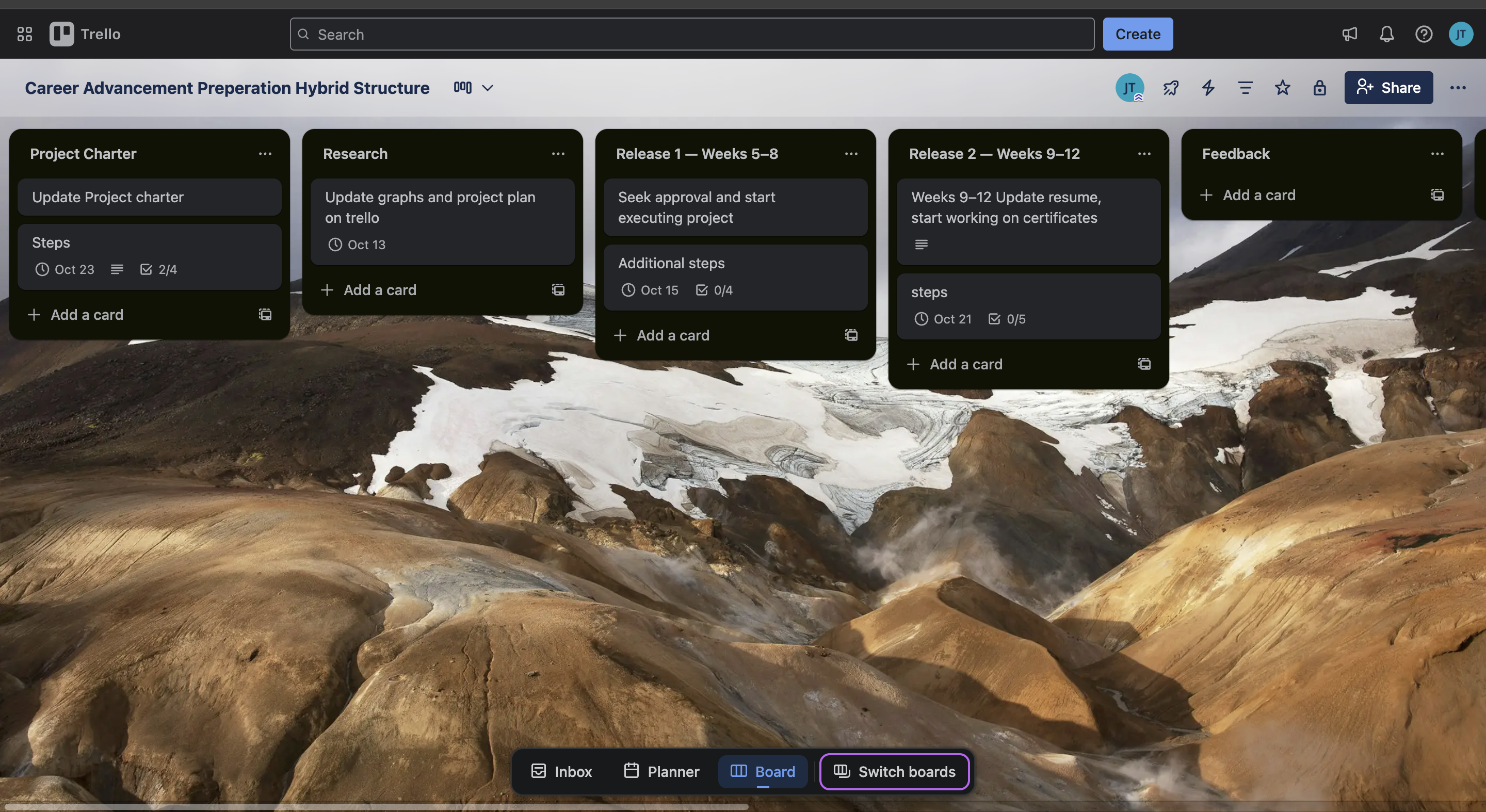 Screenshot of Trello board showing lists and cards aligned to the hybrid methodology